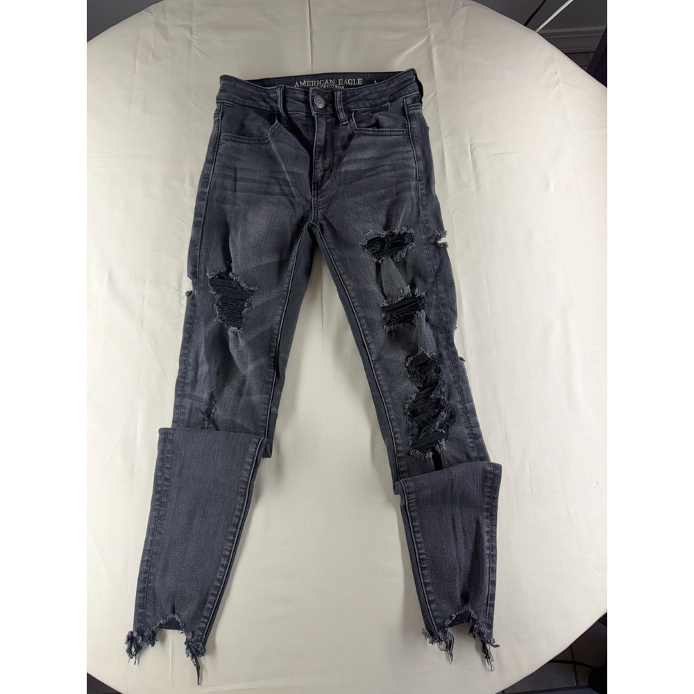American Eagle Super Stretch X Distressed Skinny Jeans Womens 2R Gray Raw Hem
